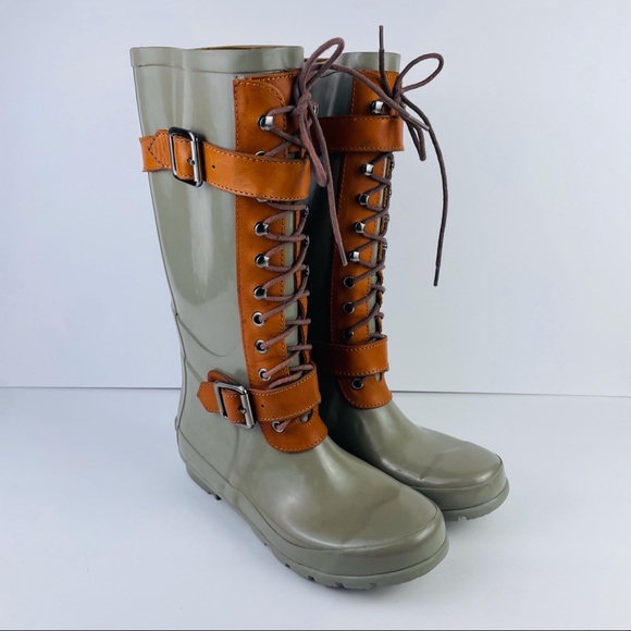 Bcbgmaxazria Shoes | Bcbg Maxazria Willis Green Lace Up Rubber Rain Boots Strap Buckles Womens Size 7 | Color: Brown/Green | Size: 7 | Ssgproducts's